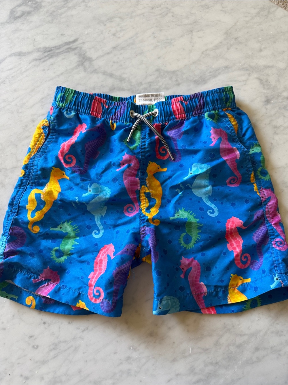 Boardies Blue Seahorse Print Kids Swim Shorts size 7-8 kids